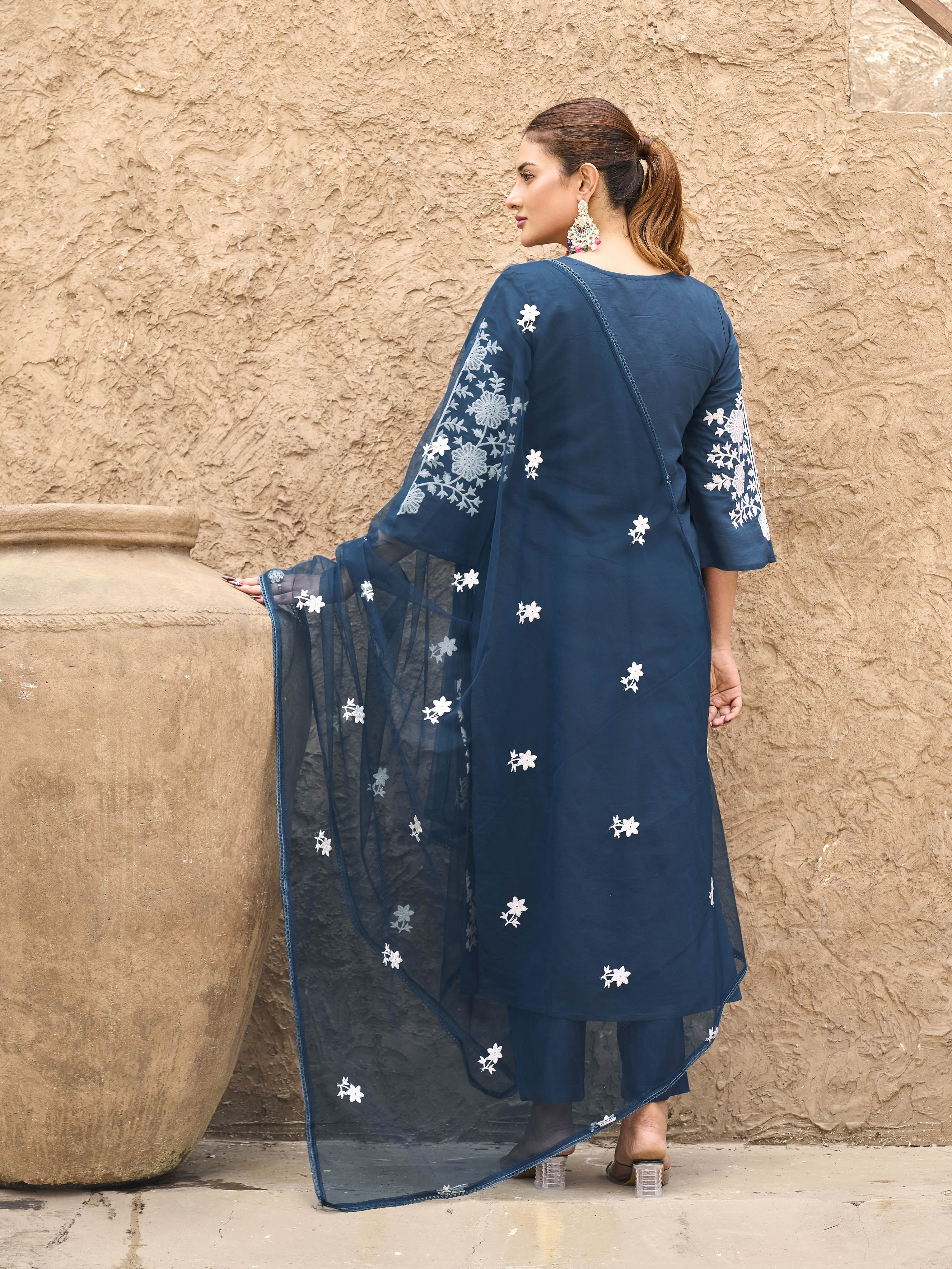 Teal color silk blend with off white thread embroidered kurta & trouser with dupatta set